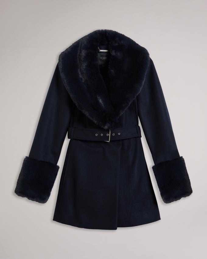 Manteau Ted Baker Belted With Faux Fur Collar and Cuffs Bleu Marine Femme | GNG-19937827